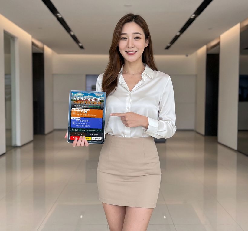 판넬견적3D 앱을 소개하는 모델 — 태블릿에 판넬견적3D 앱 첫 화면