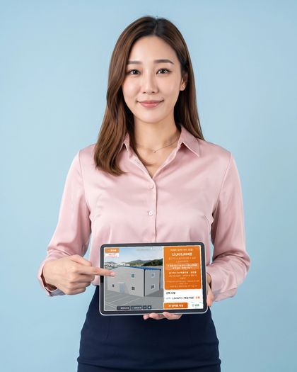 판넬견적3D 견적 화면이 켜진 태블릿을 들고 가리키는 안내 모델(AI 가상 인물)