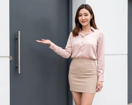 판넬 건물 철제 출입문 옆에서 손을 펴 문을 소개하는 안내 모델(AI 가상 인물)