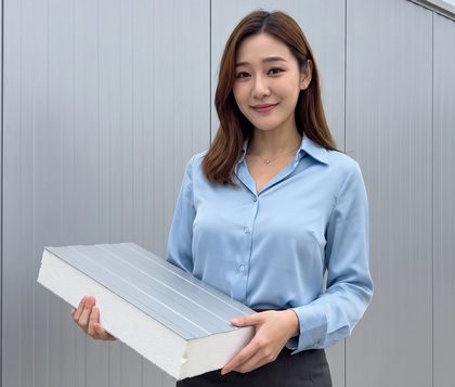 샌드위치판넬 단면 견본을 두 손으로 들고 소개하는 안내 모델(AI 가상 인물)