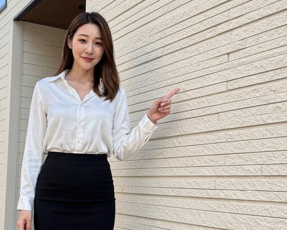 사이딩으로 마감한 주택 외벽을 가리키며 소개하는 안내 모델(AI 가상 인물)