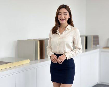 네오판넬 판넬 견본 진열대 앞에서 웃으며 인사하는 안내 모델(AI 가상 인물)