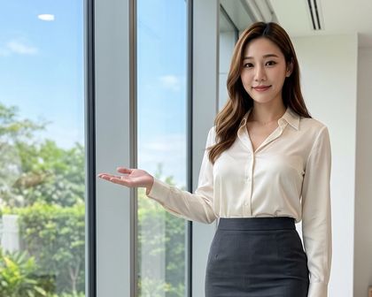 큰 통유리창 옆에서 손을 펴 창을 소개하는 안내 모델(AI 가상 인물)