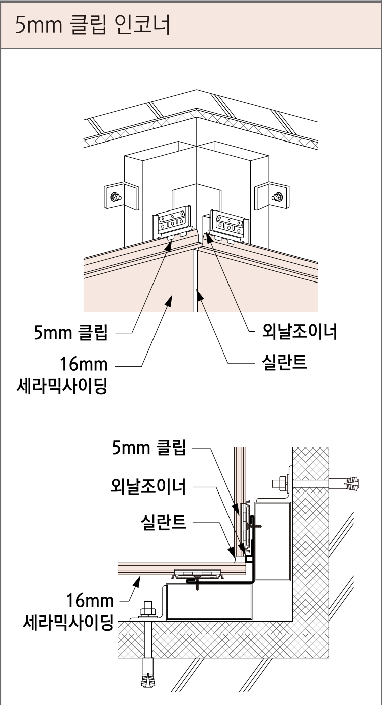 세라믹사이딩 시공 상세도 — 콘크리트 벽 5mm 클립 — 안쪽 모서리(인코너)