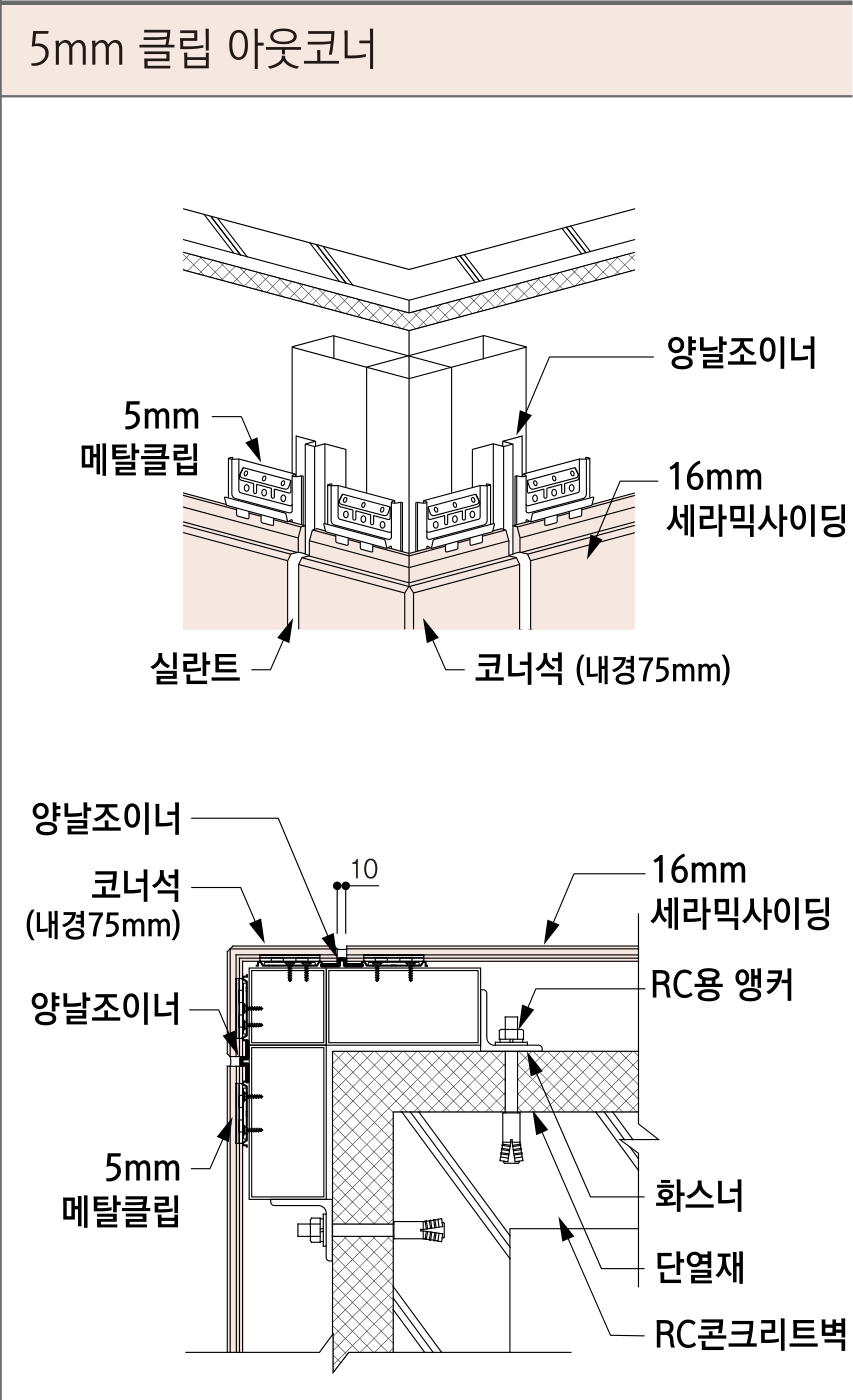 세라믹사이딩 시공 상세도 — 콘크리트 벽 5mm 클립 — 바깥 모서리(아웃코너)