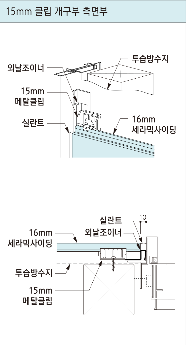 세라믹사이딩 시공 상세도 — 목조 벽 15mm 클립 — 창 옆