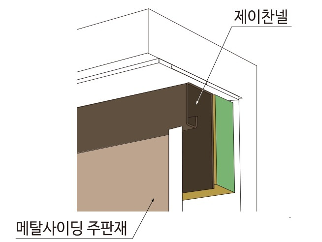 메탈사이딩 부자재 — 시공 순서 — 윗마감 제이찬넬 모양