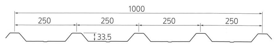지붕강판 — 덧방용강판 V-250(4골) — 제품형상